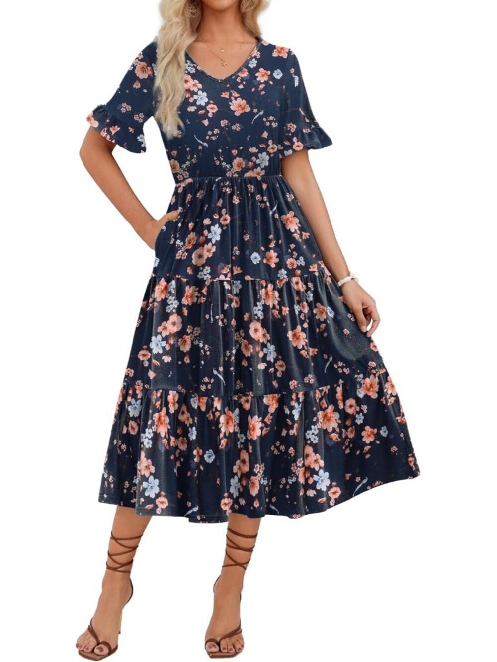 Zeagoo Women's Navy Blue Floral Tiered Casual Neck Ruffle Short Midi Maxi Dress